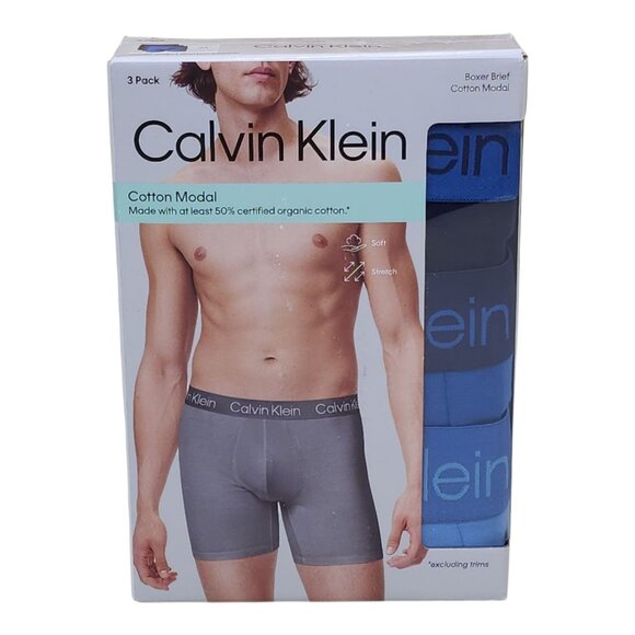 Calvin Klein Mens Boxer Briefs 3 Pack M Cotton Modal Blend Soft Blue Navy - Picture 1 of 8